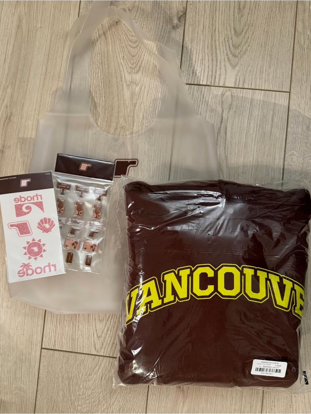 RHODE Vancouver Hoodie (L) + Jelly Bag, Tattoos and Sticker Sheet